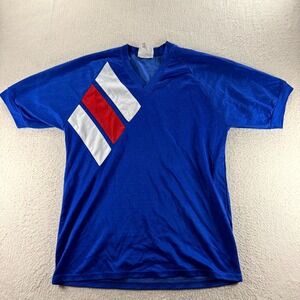 VTG Attack Sports T‎ Shirt Mens Medium Blue Cotton V Neck Raglan Sleeve Athletic